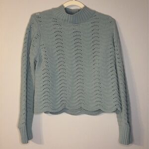 Coco & Shay Chenille Blue Pointelle Knit Sweater Mock Neck Cropped Cottagecore M
